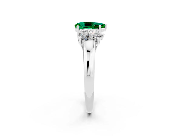 Platinum Three-Stone Pear Cut Emerald Engagement Ring with Prong Setting