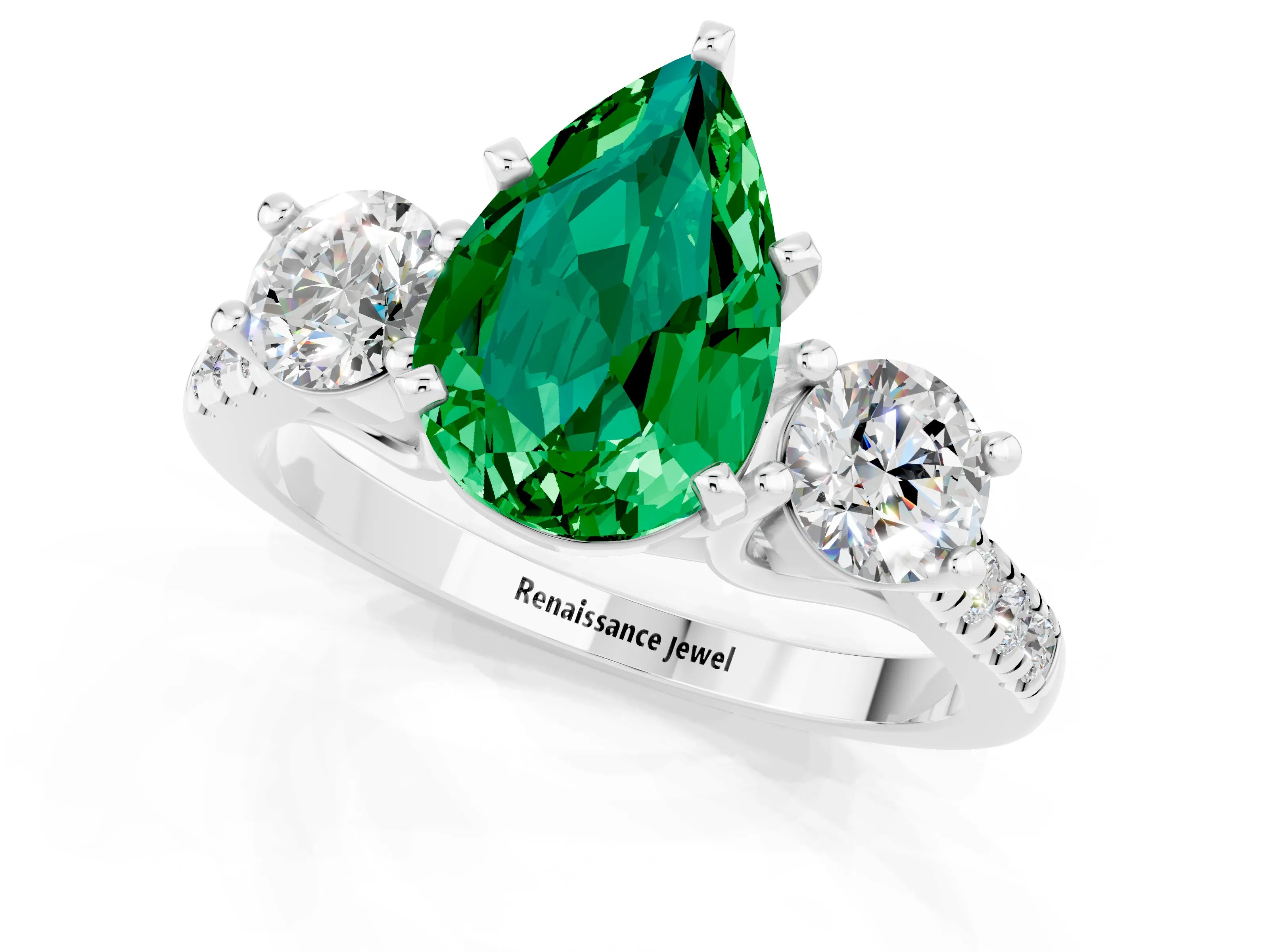 White gold Three-Stone Pear Cut Emerald Pavé Band with Four-Prong Setting_1