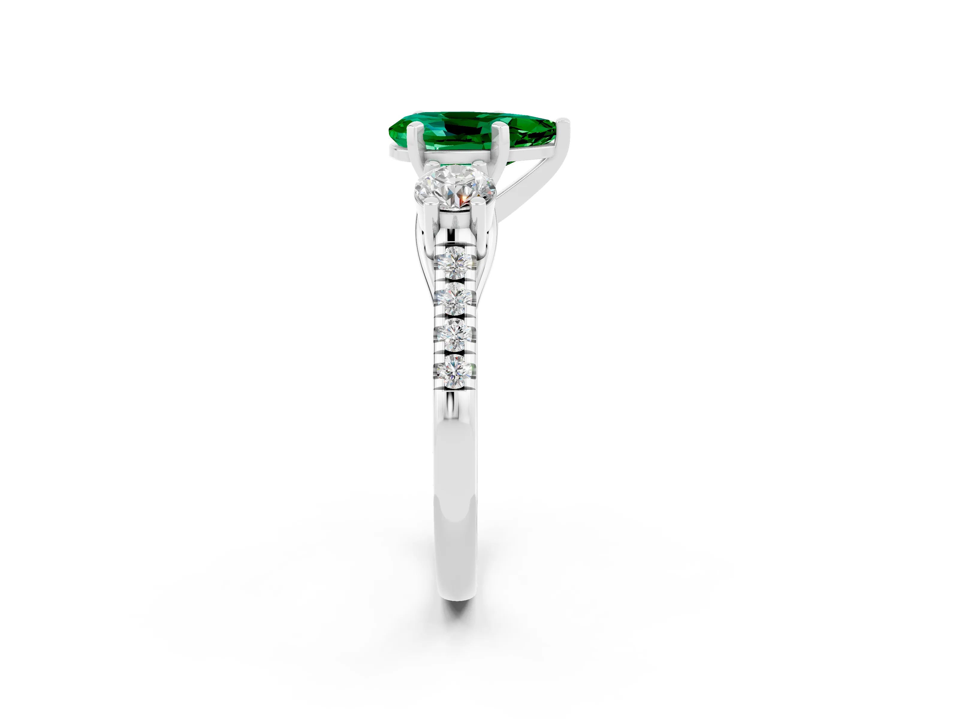White gold Three-Stone Pear Cut Emerald Pavé Band with Four-Prong Setting_2
