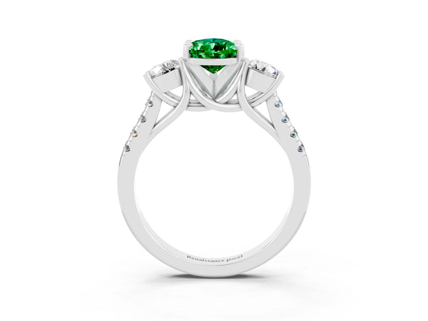 White gold Three-Stone Pear Cut Emerald Pavé Band with Four-Prong Setting
