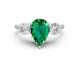 White gold Three-Stone Pear Cut Emerald Pavé Band with Four-Prong Setting