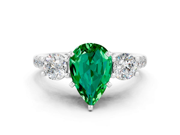 White gold Three-Stone Pear Cut Emerald Pavé Band with Four-Prong Setting