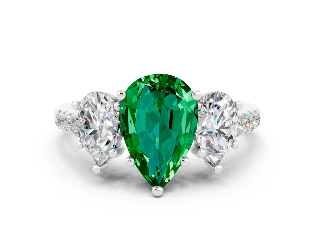 White gold Three-Stone Pear Cut Emerald Ring with Pavé Band and Prong Setting_12