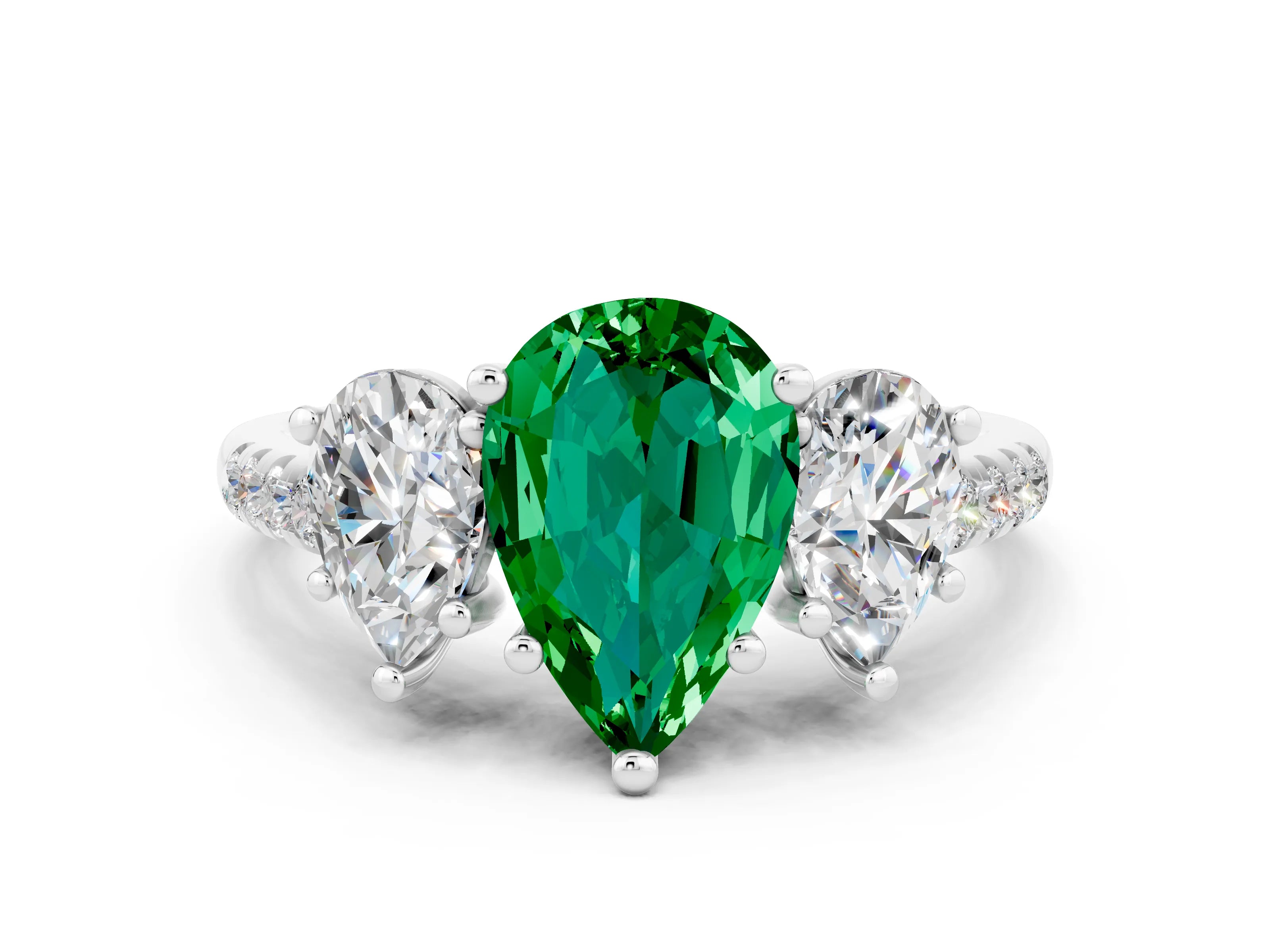 White gold Three-Stone Pear Cut Emerald Ring with Pavé Band and Prong Setting_12