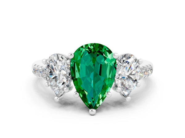 Silver Three-Stone Pear Cut Emerald Ring with Round  Pavé Band and Prong Setting