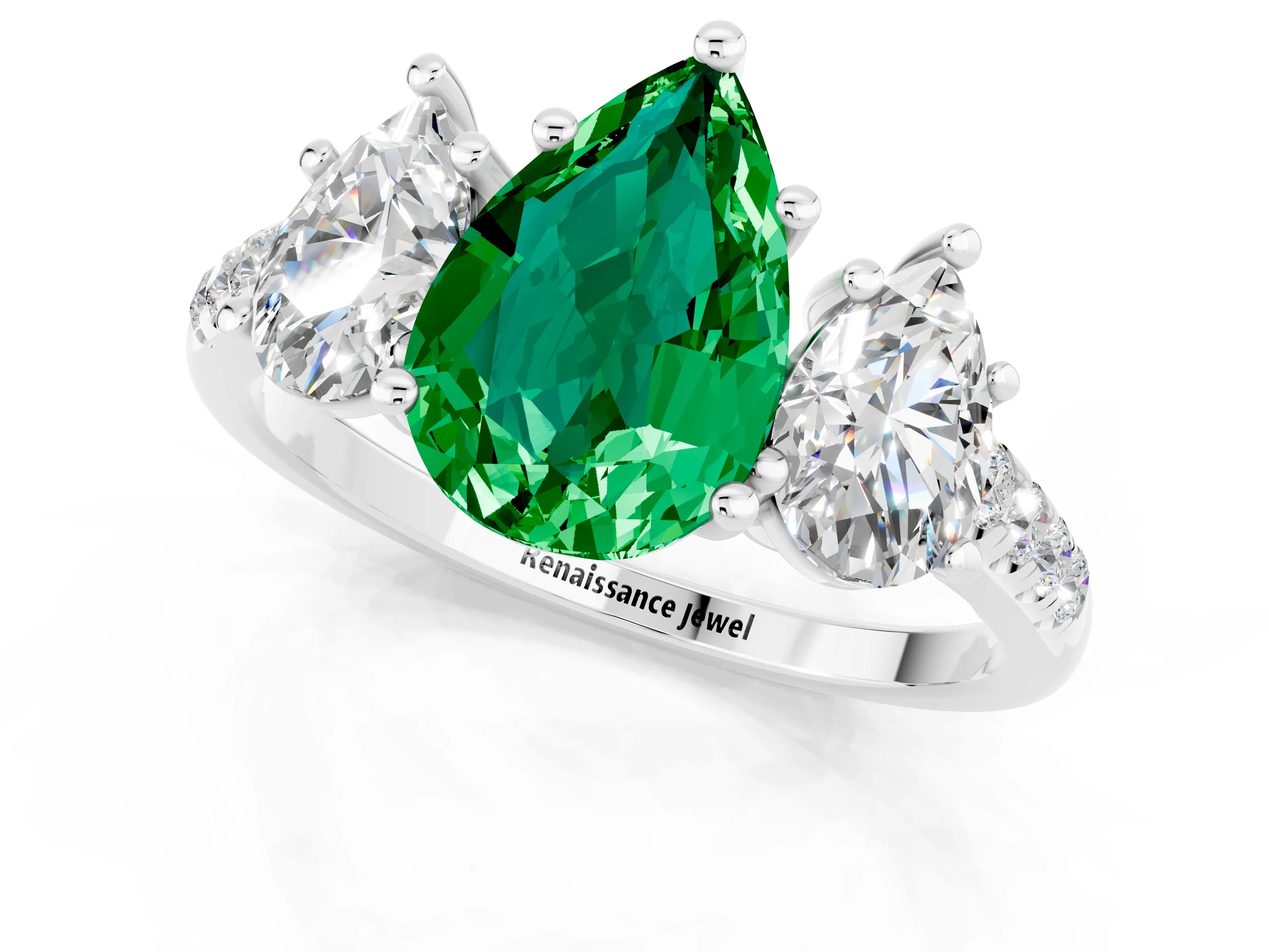 White gold Three-Stone Pear Cut Emerald Ring with Pavé Band and Prong Setting_13