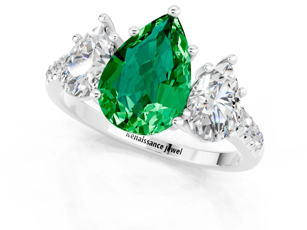 White gold Three-Stone Pear Cut Emerald Ring with Round  Pavé Band and Prong Setting