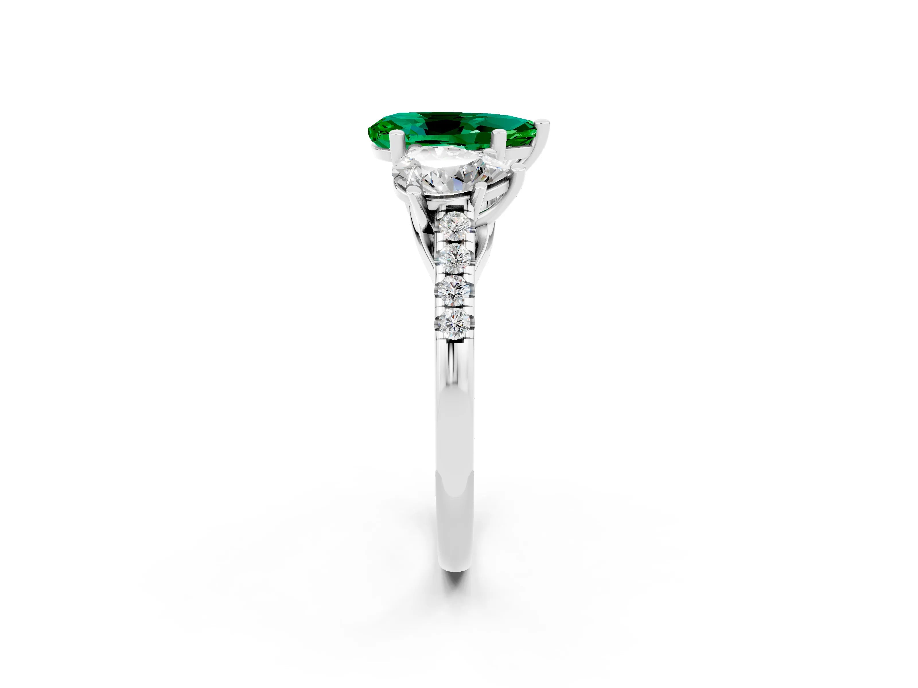 White gold Three-Stone Pear Cut Emerald Ring with Pavé Band and Prong Setting_14