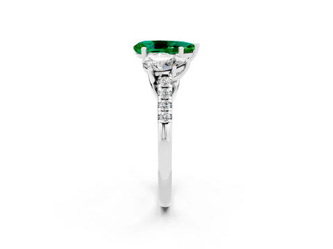 White gold Three-Stone Pear Cut Emerald Ring with Pavé Band and Prong Setting_14