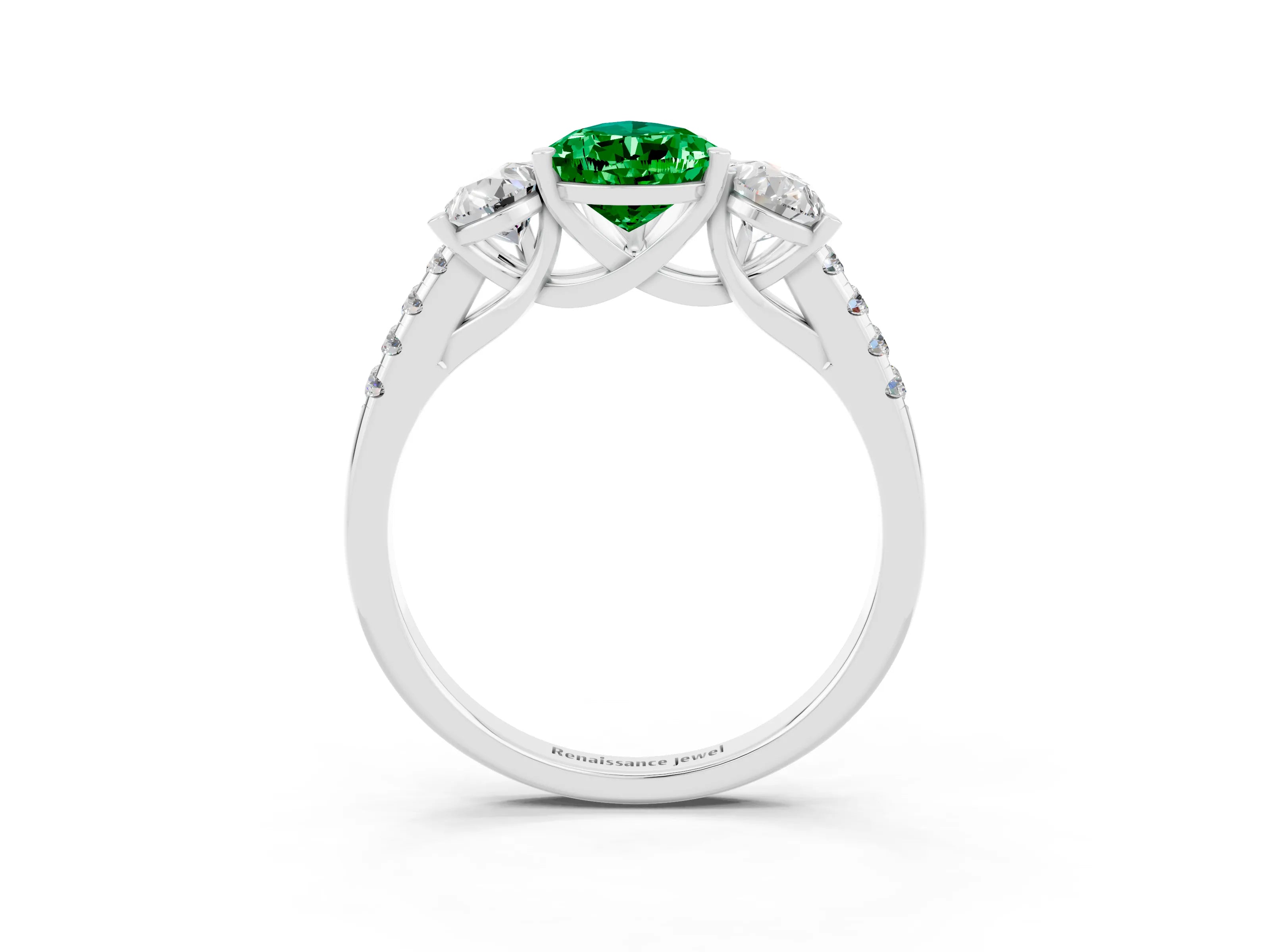 White gold Three-Stone Pear Cut Emerald Ring with Pavé Band and Prong Setting_15