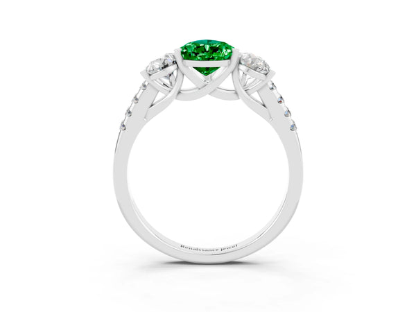 White gold Three-Stone Pear Cut Emerald Ring with Round  Pavé Band and Prong Setting