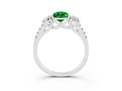 White gold Three-Stone Pear Cut Emerald Ring with Pavé Band and Prong Setting_15