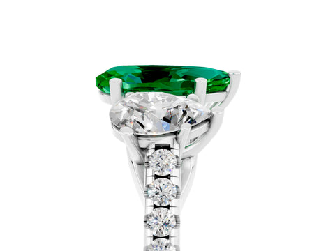 White gold Three-Stone Pear Cut Emerald Ring with Pavé Band and Prong Setting_17