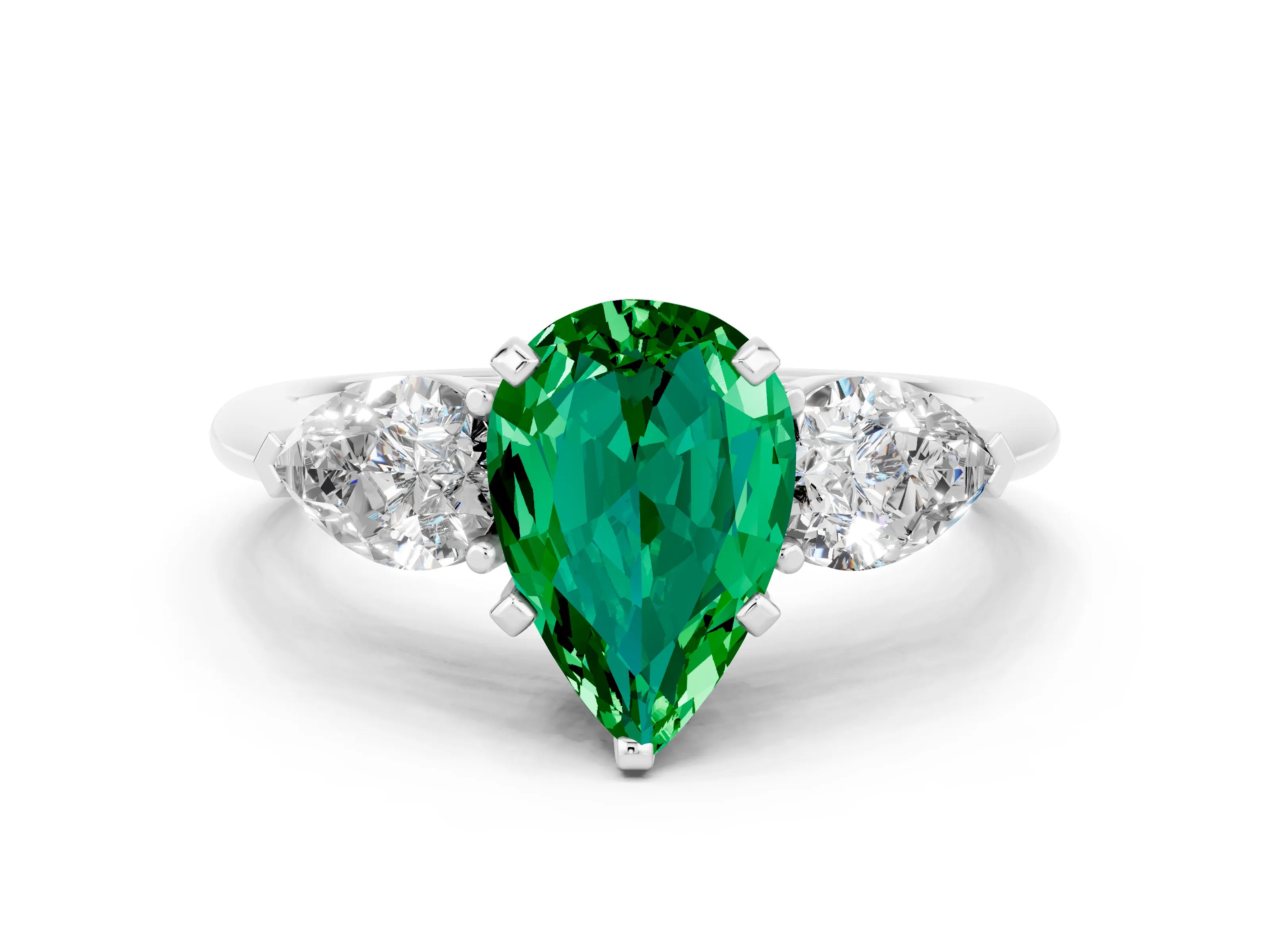 White gold Three-Stone Pear Cut Emerald Ring with Pear Side Stones and Four-Prong Setting