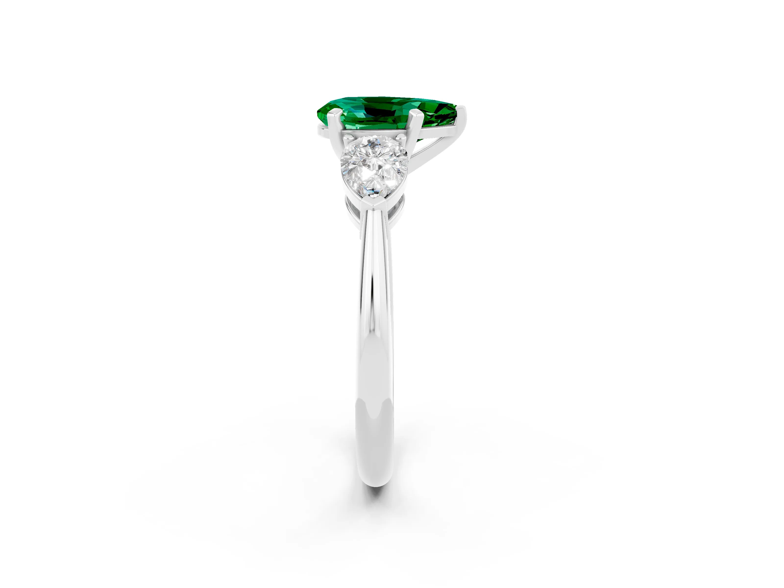 White gold Three-Stone Pear Cut Emerald Ring with Pear Side Stones and Four-Prong Setting_2