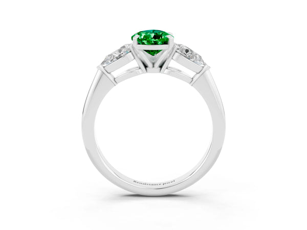 Silver Three-Stone Pear Cut Emerald Ring with Pear Side Stones and Four-Prong Setting