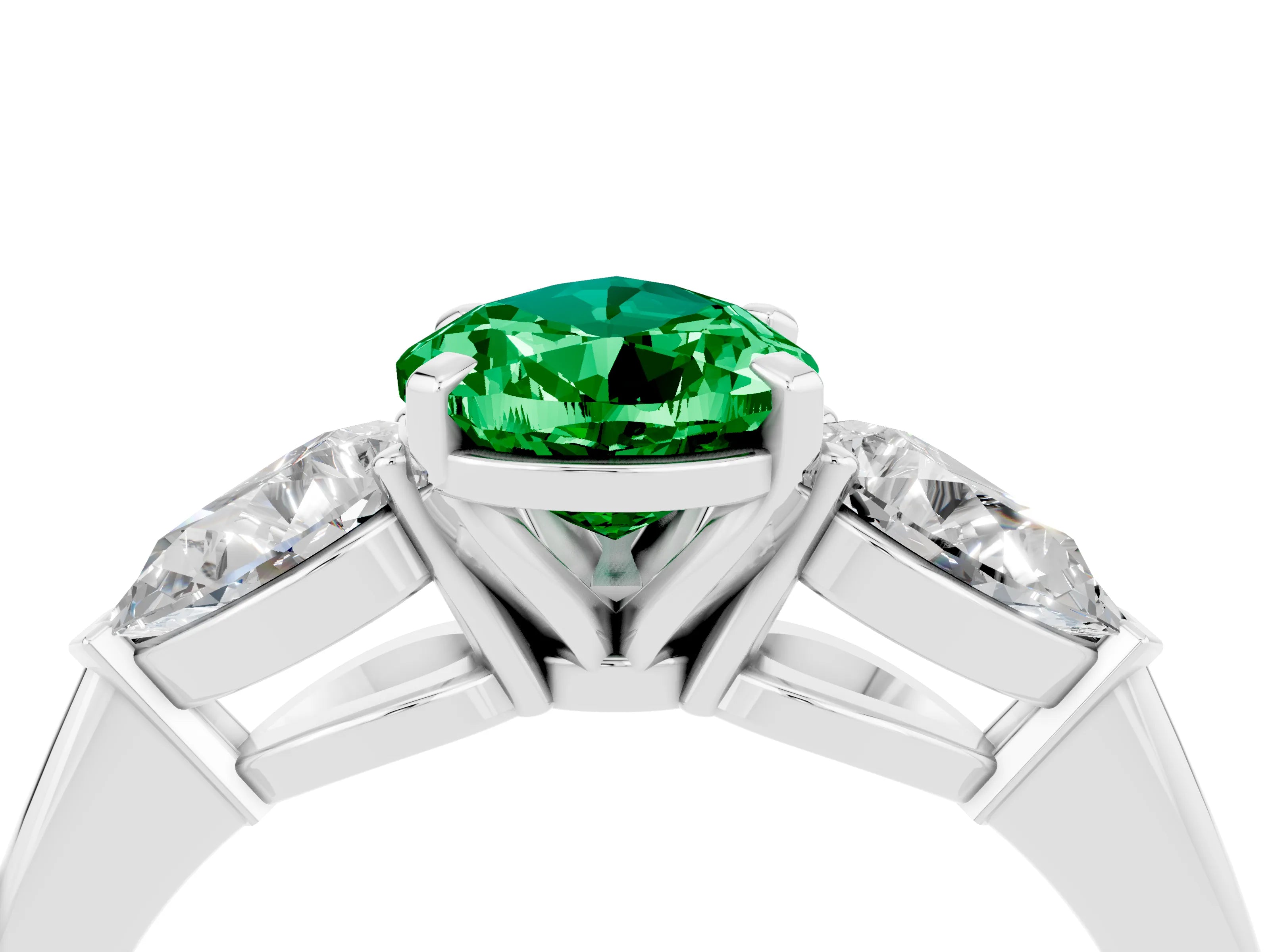 White gold Three-Stone Pear Cut Emerald Ring with Pear Side Stones and Four-Prong Setting_4