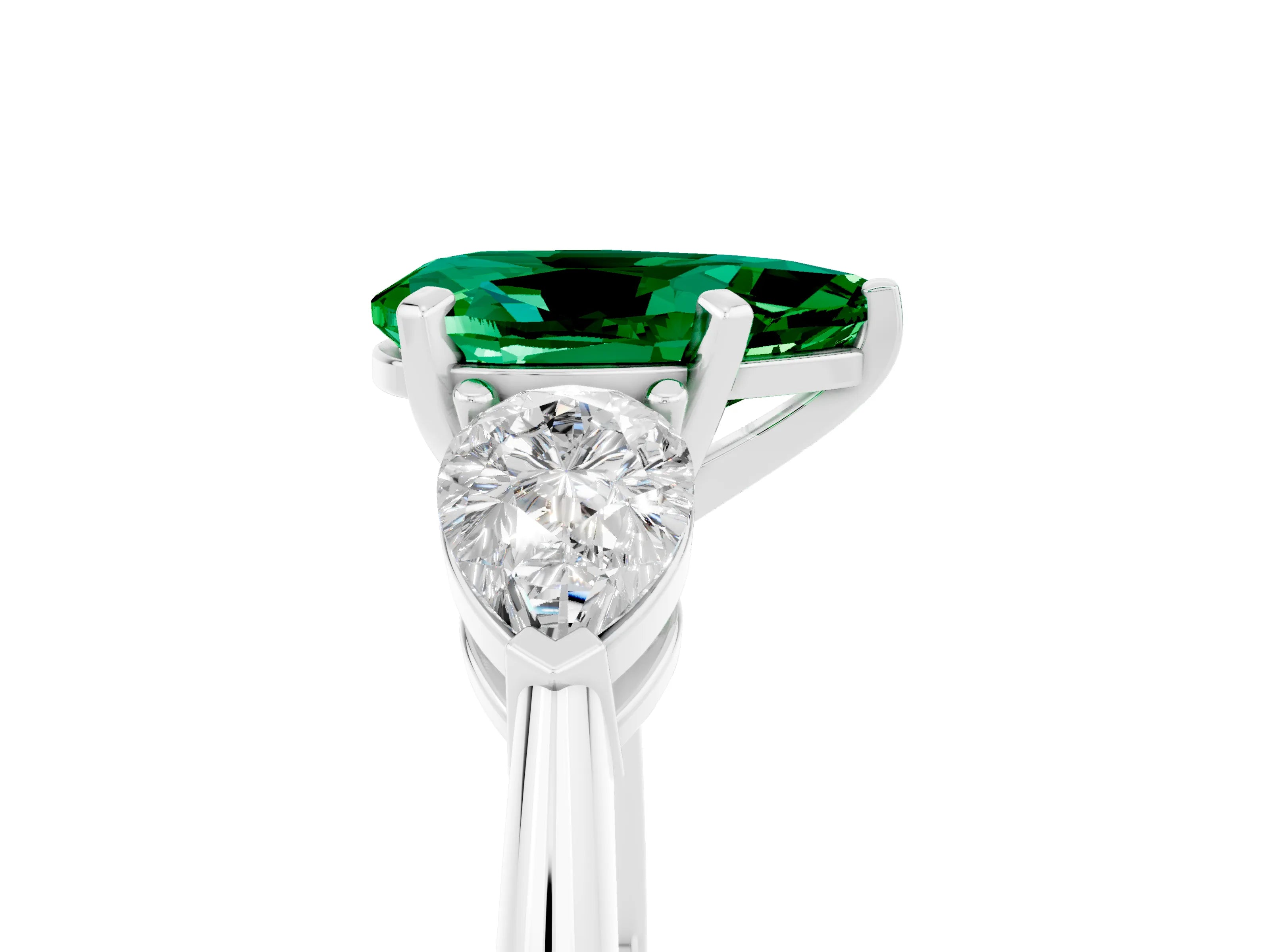 White gold Three-Stone Pear Cut Emerald Ring with Pear Side Stones and Four-Prong Setting_5