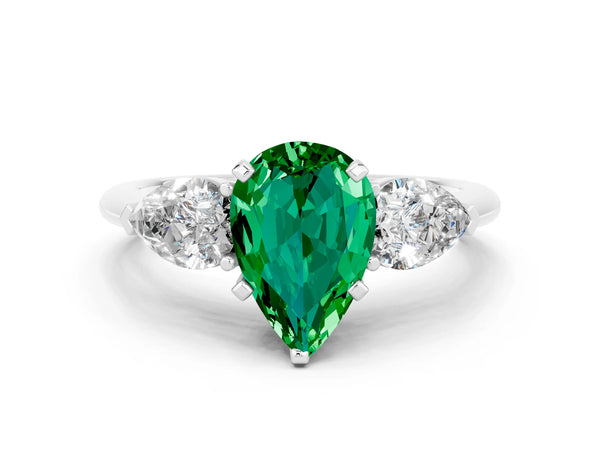 White gold Three-Stone Pear Cut Emerald Ring with Pear Side Stones and Four-Prong Setting