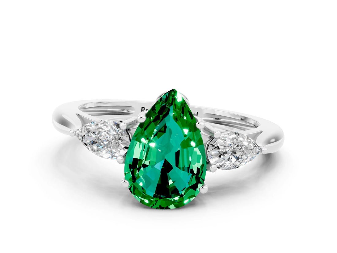 White gold Three-Stone Pear Cut Emerald Ring with Pear  Side Stones in Four-Prong Setting_12