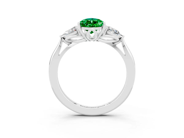 Platinum Three-Stone Pear Cut Emerald Ring with Pear  Side Stones in Four-Prong Setting