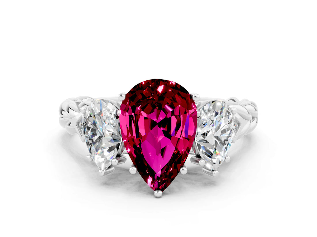 White gold Three-Stone Pear Cut Garnet Braided Band Ring with Four-Prong Setting_12