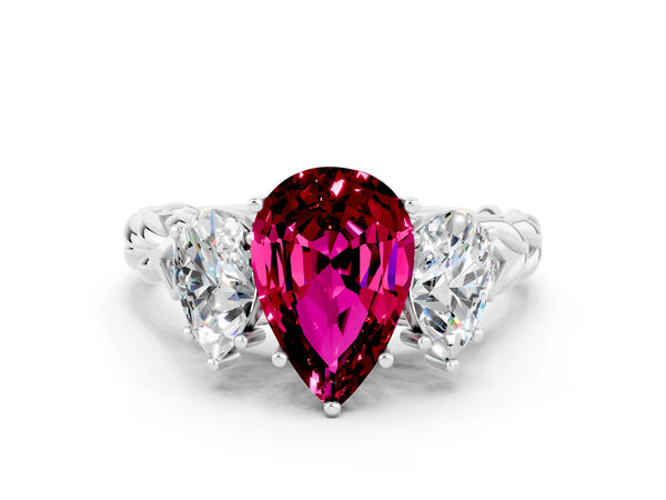 Silver Three-Stone Pear Cut Garnet Braided Band Ring with Four-Prong Setting