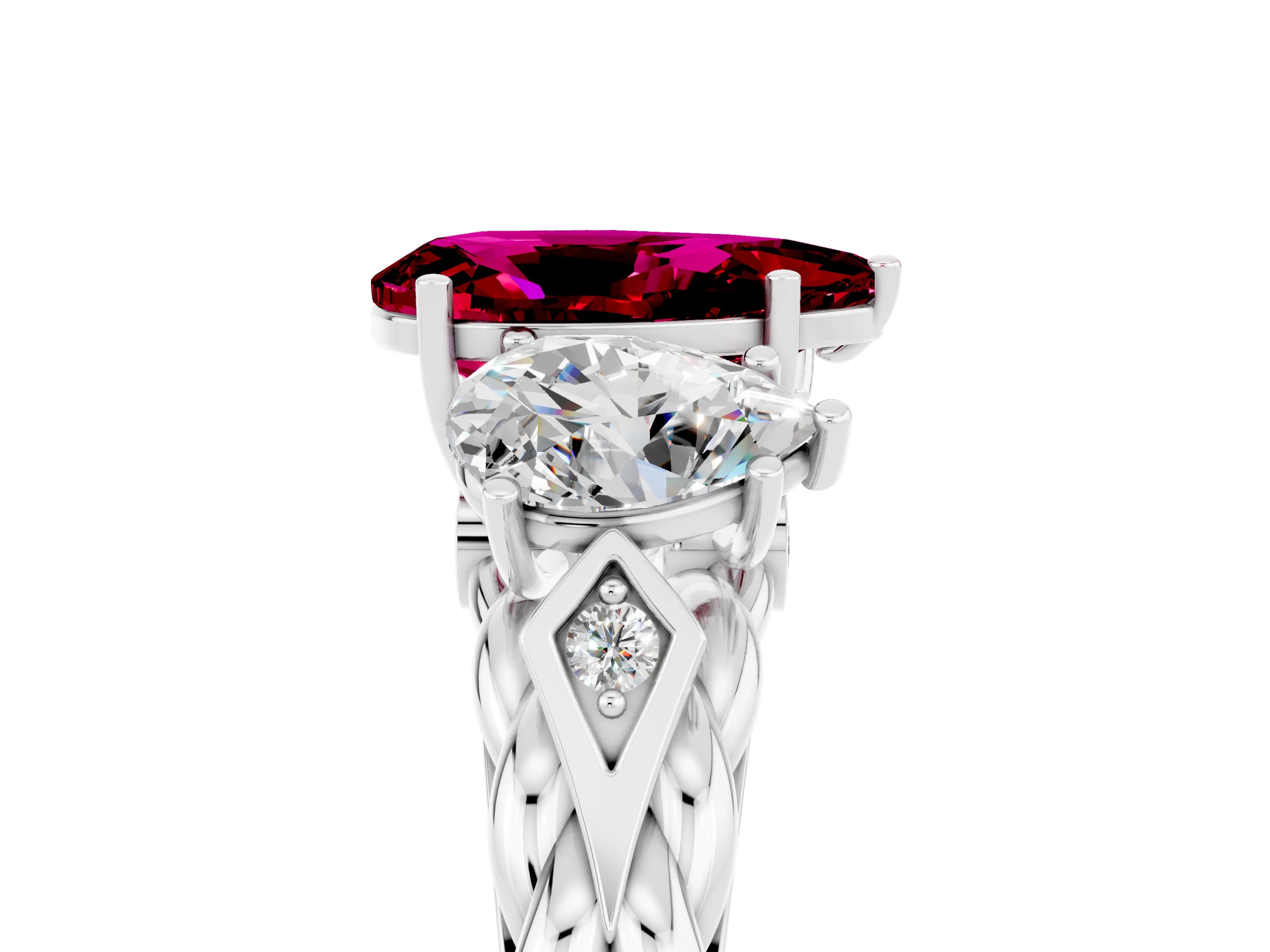 White gold Three-Stone Pear Cut Garnet Braided Band Ring with Four-Prong Setting_17