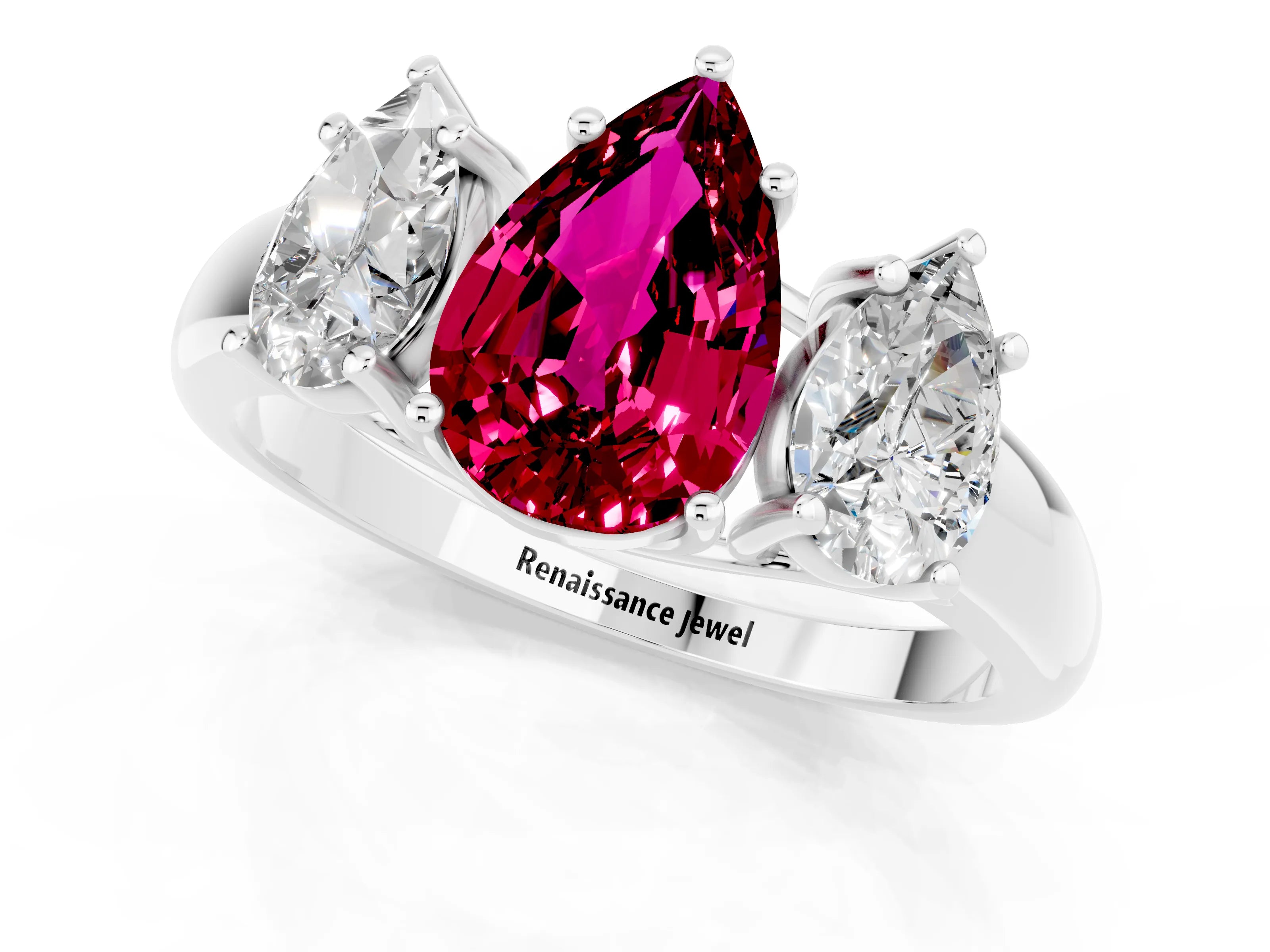 White gold Three-Stone Pear Cut Garnet Engagement Ring with Prong Setting_1