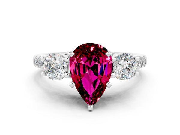 Platinum Three-Stone Pear Cut Garnet Pavé Band with Four-Prong Setting