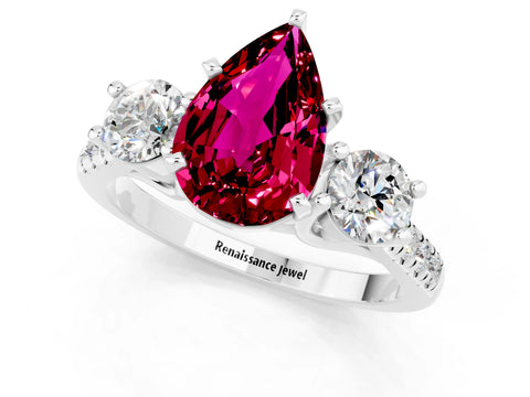 White gold Three-Stone Pear Cut Garnet Pavé Band with Four-Prong Setting_1