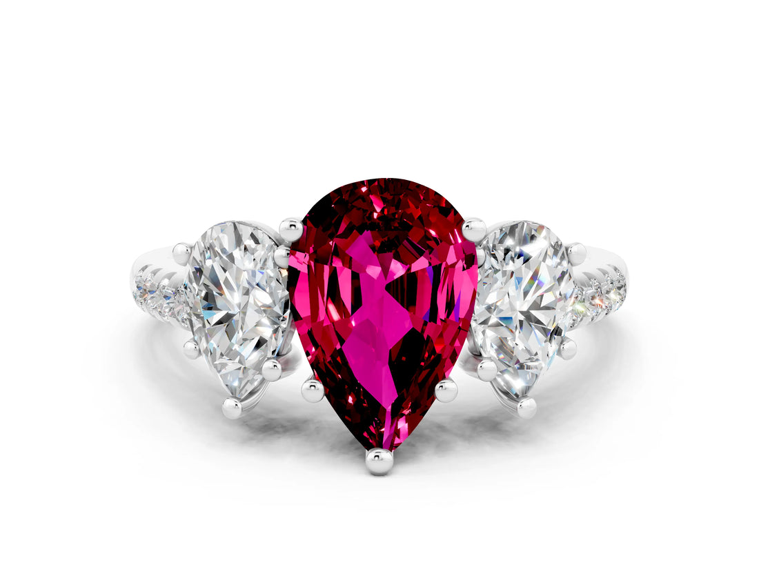 White gold Three-Stone Pear Cut Garnet Ring with Pavé Band and Prong Setting_12