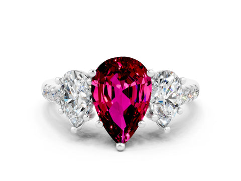 White gold Three-Stone Pear Cut Garnet Ring with Pavé Band and Prong Setting_12