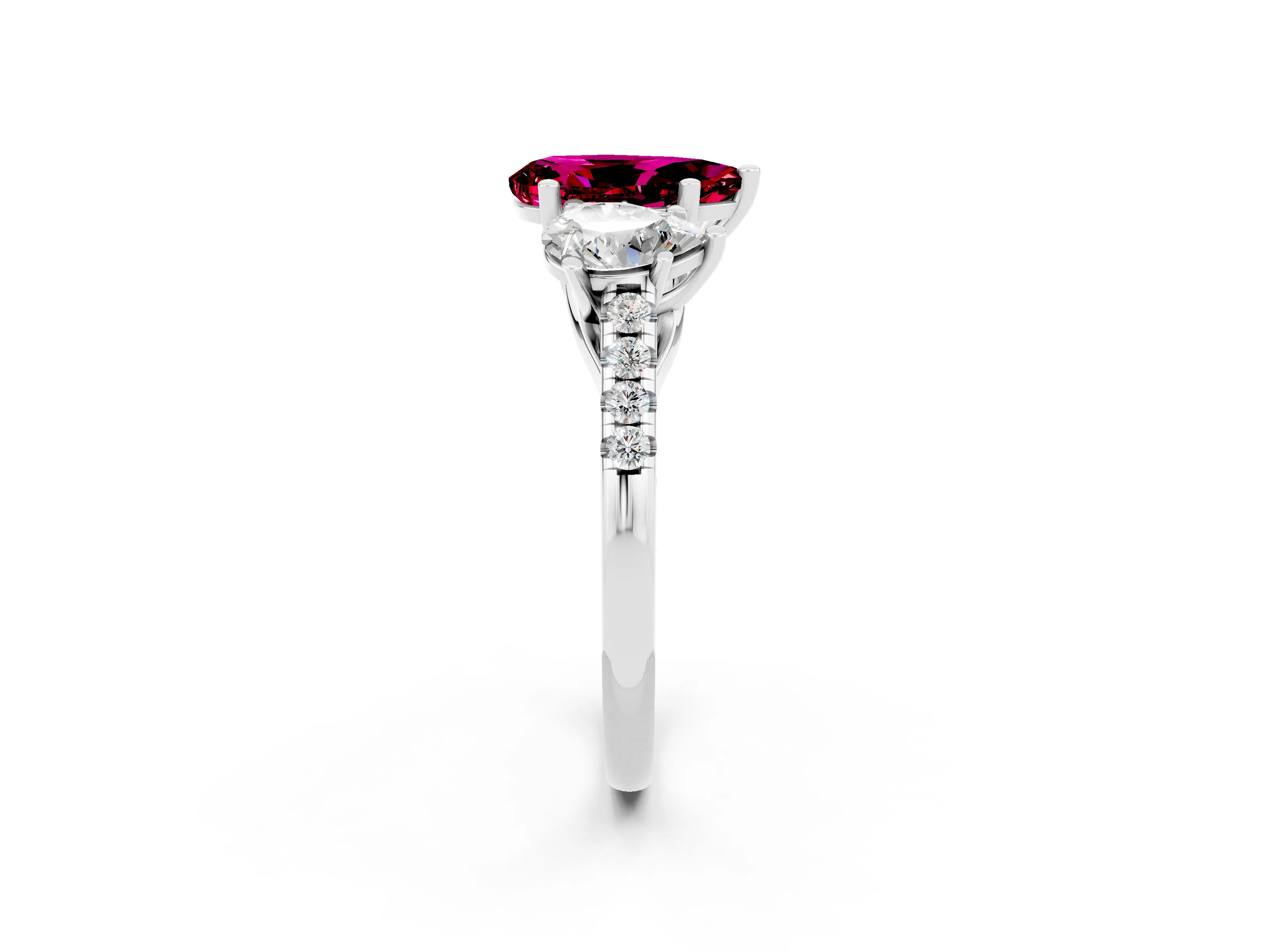 White gold Three-Stone Pear Cut Garnet Ring with Pavé Band and Prong Setting_14