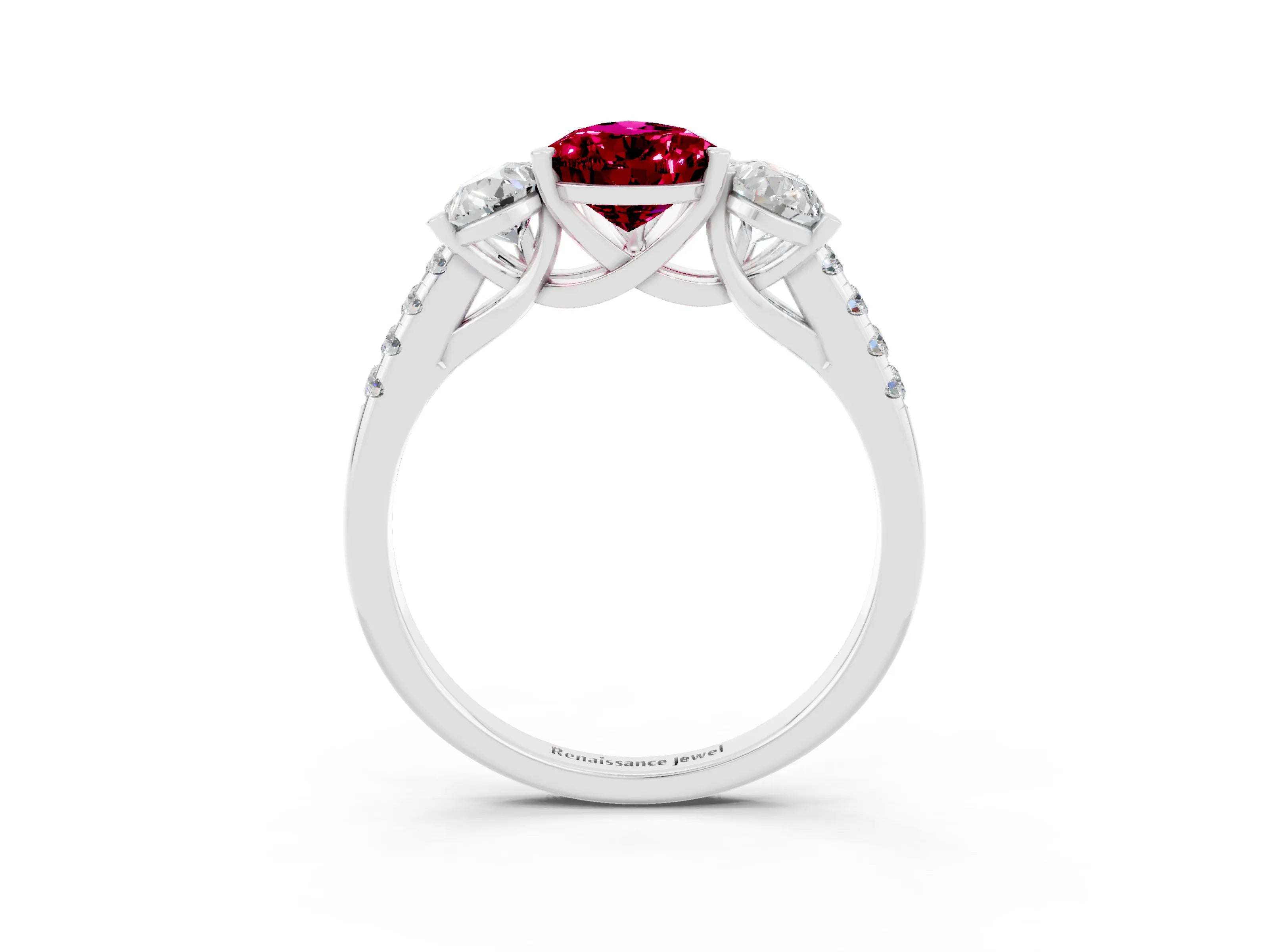White gold Three-Stone Pear Cut Garnet Ring with Pavé Band and Prong Setting_15