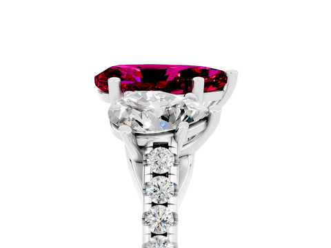 White gold Three-Stone Pear Cut Garnet Ring with Pavé Band and Prong Setting_17