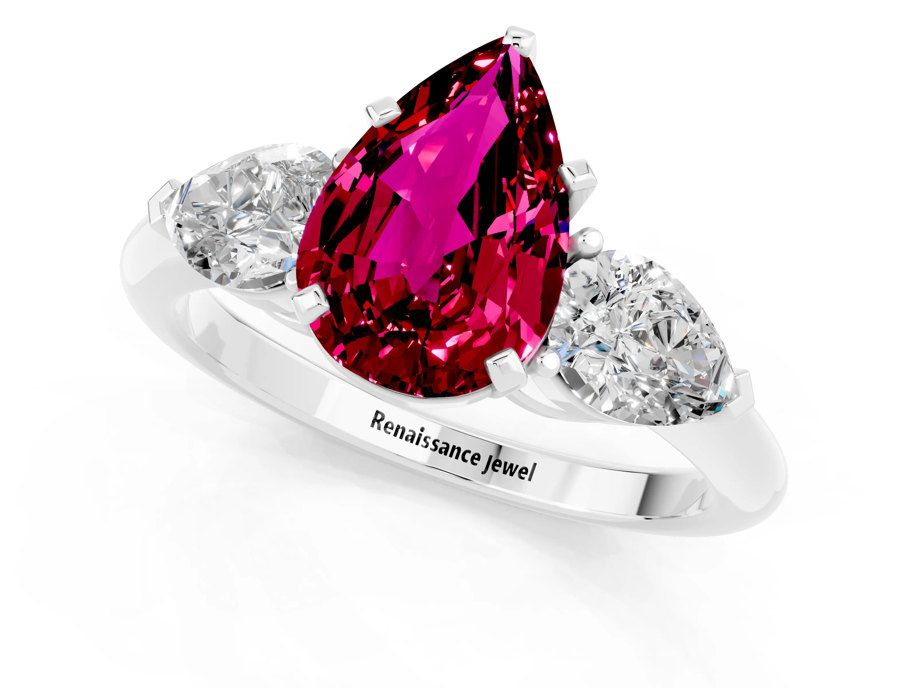 White gold Three-Stone Pear Cut Garnet Ring with Pear Side Stones and Four-Prong Setting_1