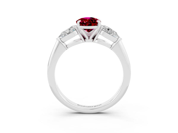 White gold Three-Stone Pear Cut Garnet Ring with Pear Side Stones and Four-Prong Setting