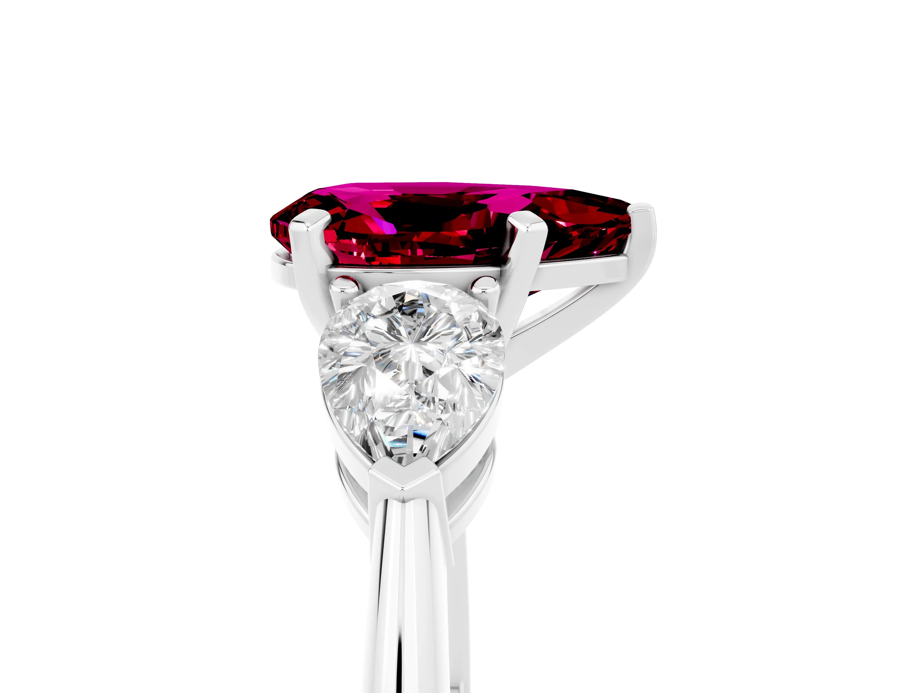 White gold Three-Stone Pear Cut Garnet Ring with Pear Side Stones and Four-Prong Setting_5