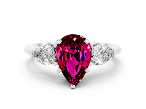 White gold Three-Stone Pear Cut Garnet Ring with Pear Side Stones and Four-Prong Setting