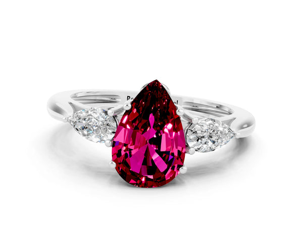 White gold Three-Stone Pear Cut Garnet Ring with Pear  Side Stones in Four-Prong Setting