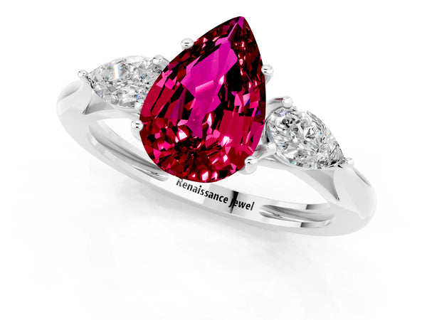 Silver Three-Stone Pear Cut Garnet Ring with Pear  Side Stones in Four-Prong Setting