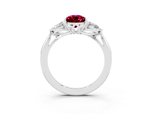 Platinum Three-Stone Pear Cut Garnet Ring with Pear  Side Stones in Four-Prong Setting