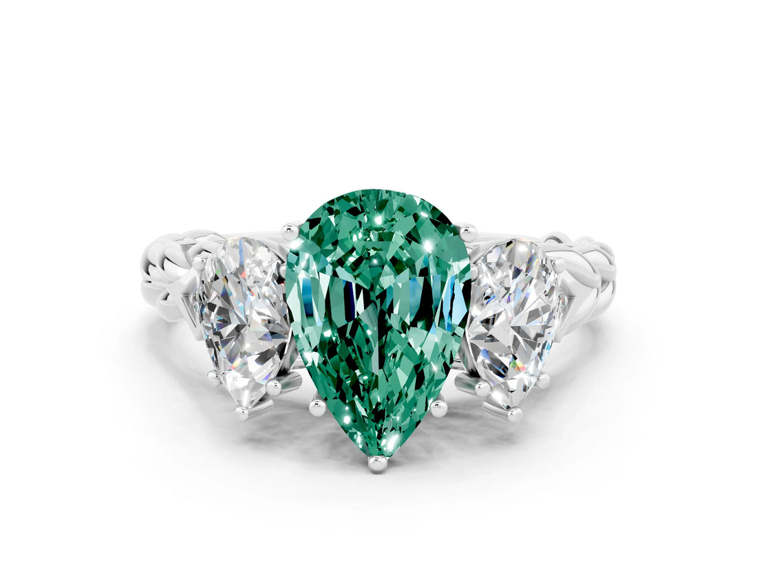 White gold Three-Stone Pear Cut Green Sapphire Braided Band Ring with Four-Prong Setting_12