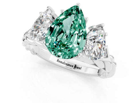 White gold Three-Stone Pear Cut Green Sapphire Braided Band Ring with Four-Prong Setting_13