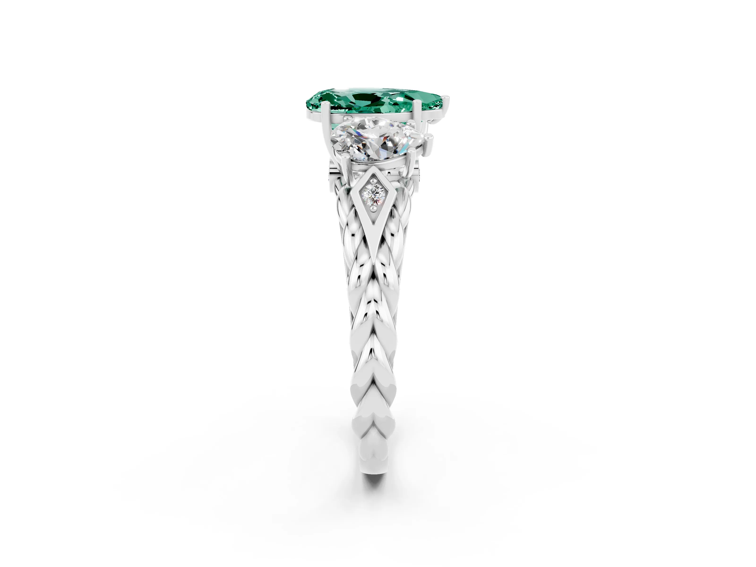 White gold Three-Stone Pear Cut Green Sapphire Braided Band Ring with Four-Prong Setting_14