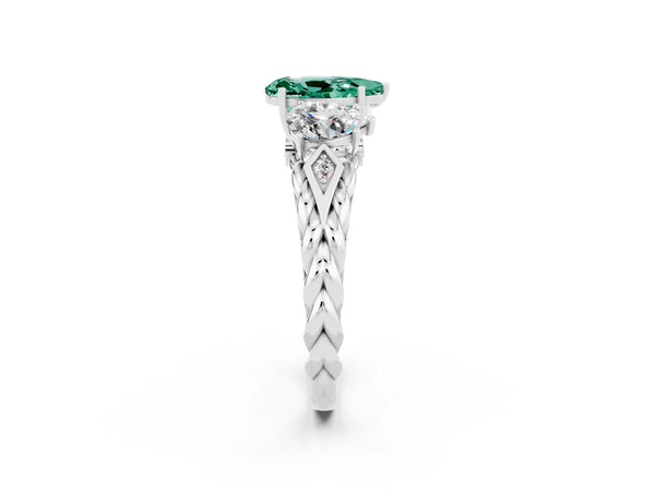 White gold Three-Stone Pear Cut Green Sapphire Braided Band Ring with Four-Prong Setting