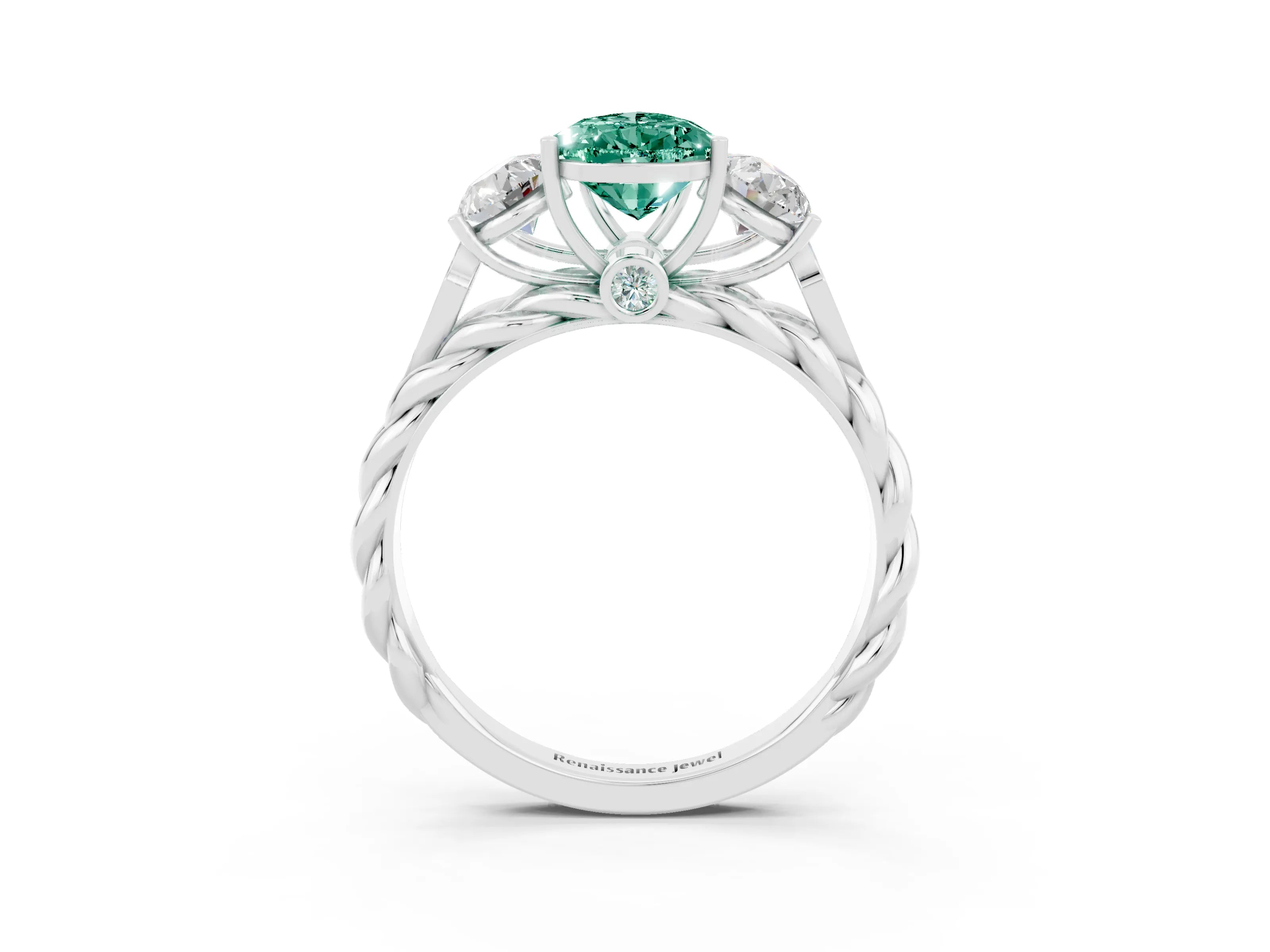 White gold Three-Stone Pear Cut Green Sapphire Braided Band Ring with Four-Prong Setting_15