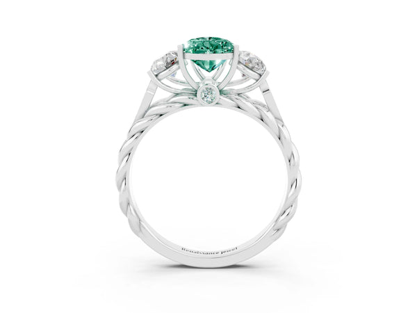 Silver Three-Stone Pear Cut Green Sapphire Braided Band Ring with Four-Prong Setting