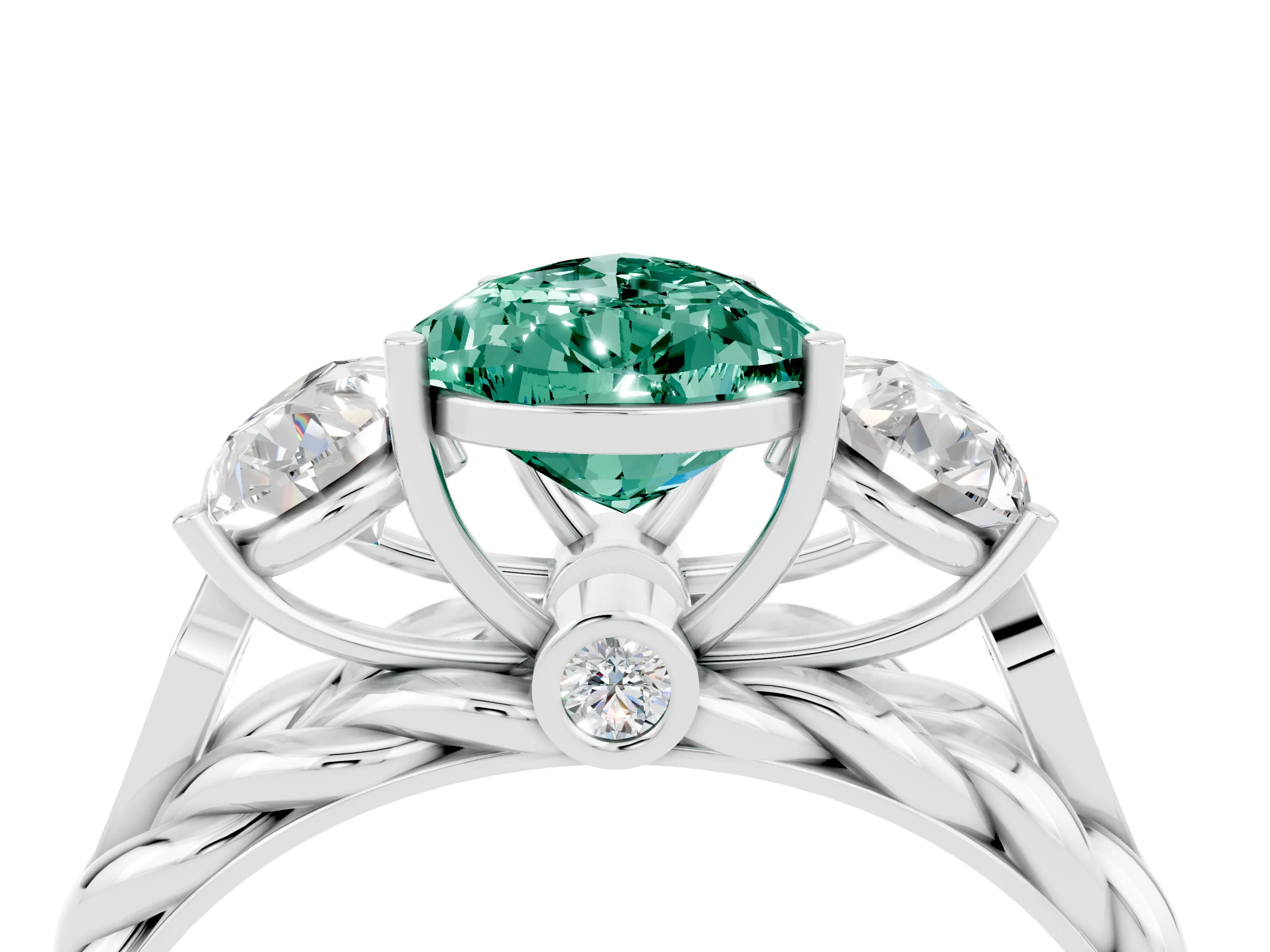 White gold Three-Stone Pear Cut Green Sapphire Braided Band Ring with Four-Prong Setting_16